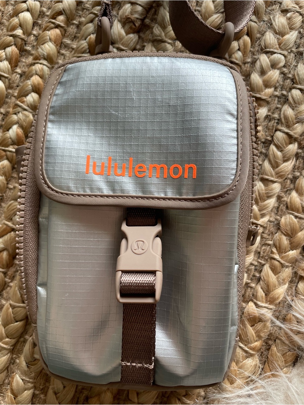 lululemon athletica Silver Crossbody Pouch with Tan Trim